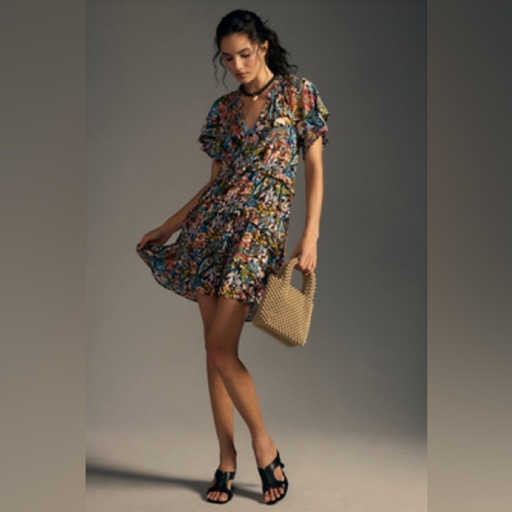 By Anthropologie Robin Tiered Mini Dress in Peach